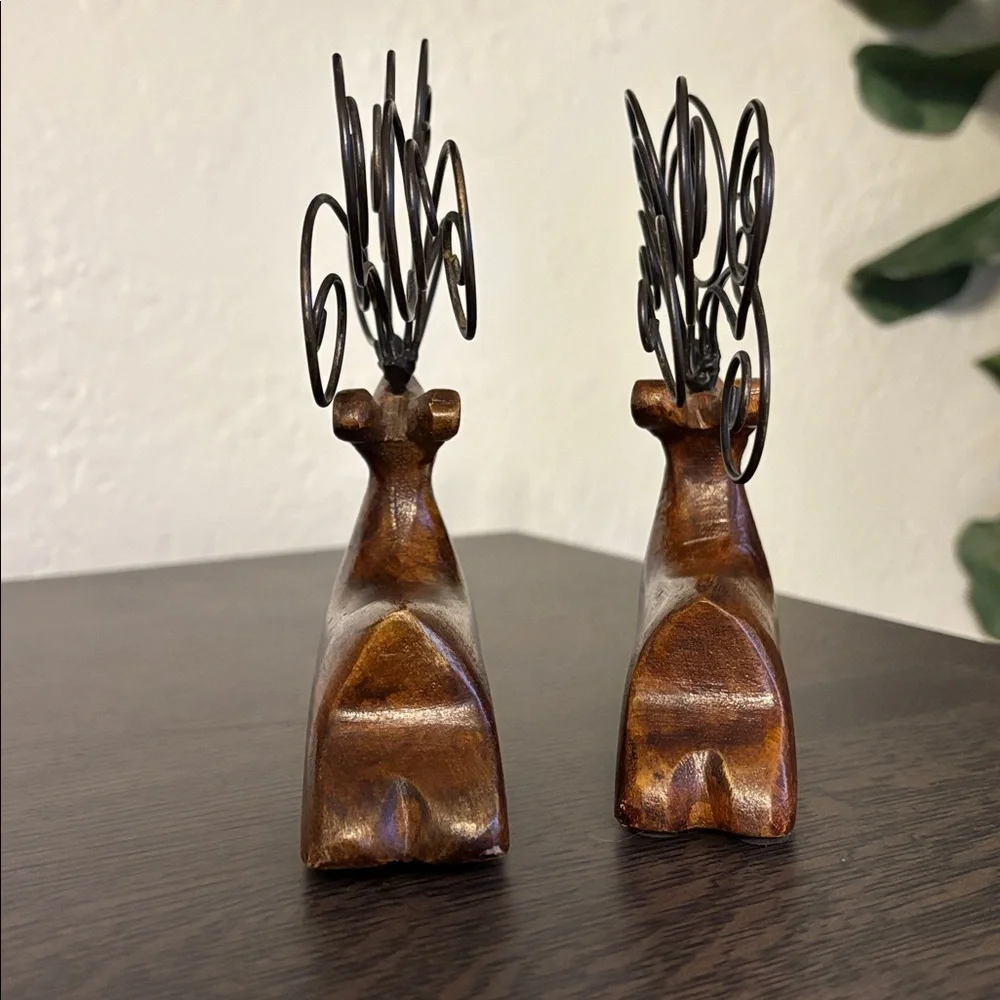 Pier 1 Wooden Reindeer Figurines with Metal Swirl Antlers Set of 2